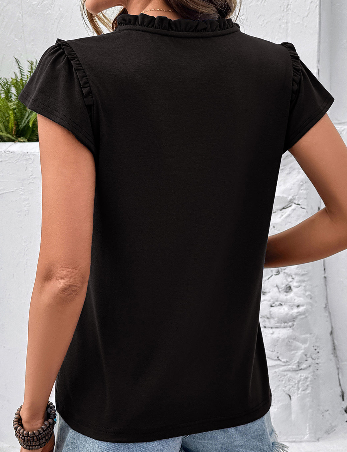 Black Sheer Lace-Trim Split V-Neck Ruffle Blouse