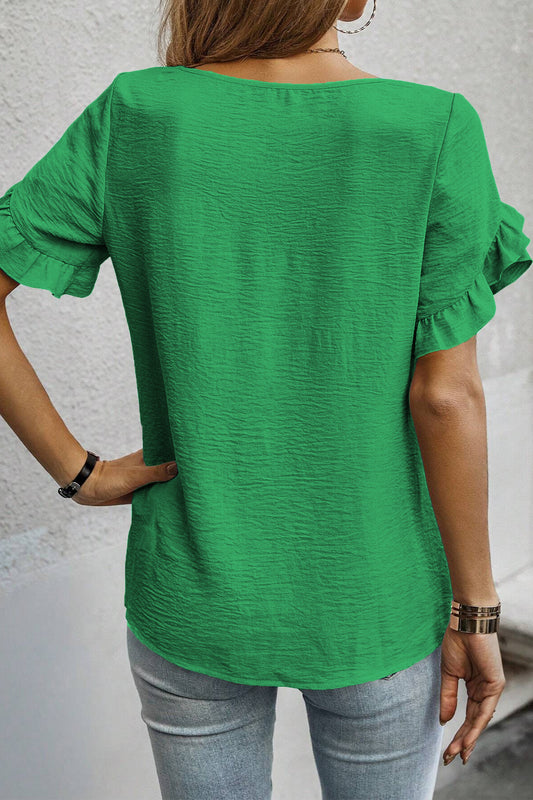 Sea Green Ruffle-Trim Short Sleeve Blouse