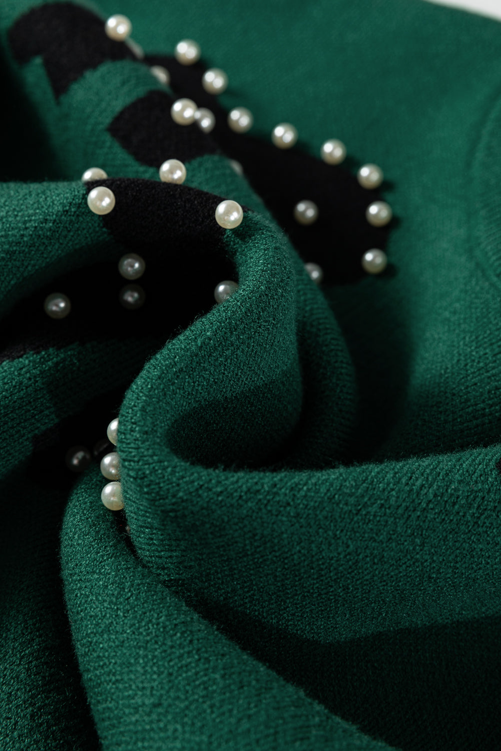 Green Pearl Embellished Bow Pattern Loose Sweater