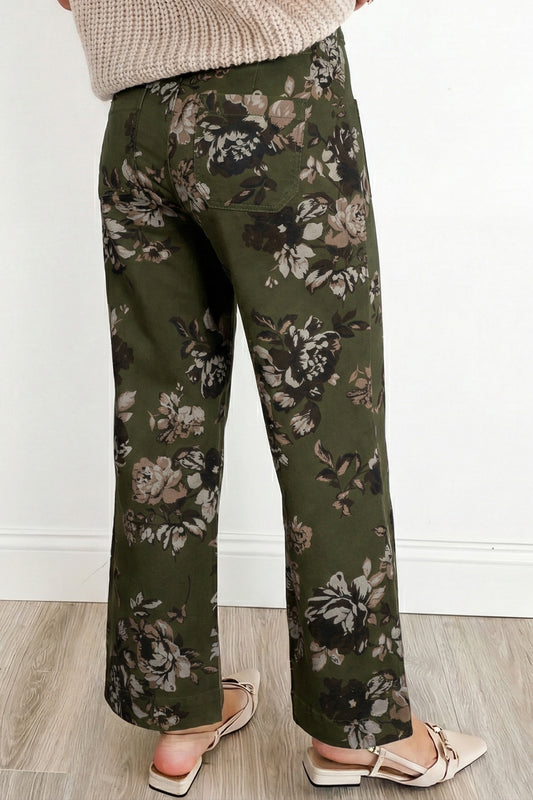 Green Vintage Floral Mid-Rise Raw Hem Jeans