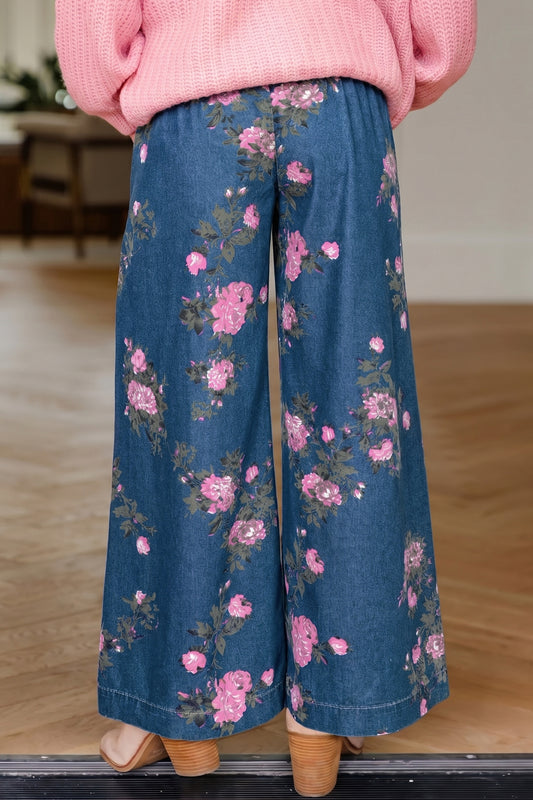 Blue Retro Floral High-Waist Pintuck Wide Leg Jeans