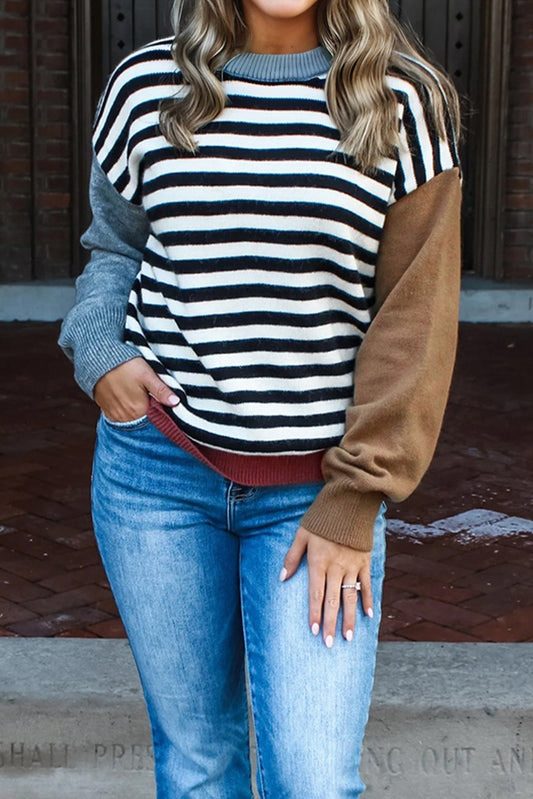 Black Striped Colorblock Sleeve Sweater