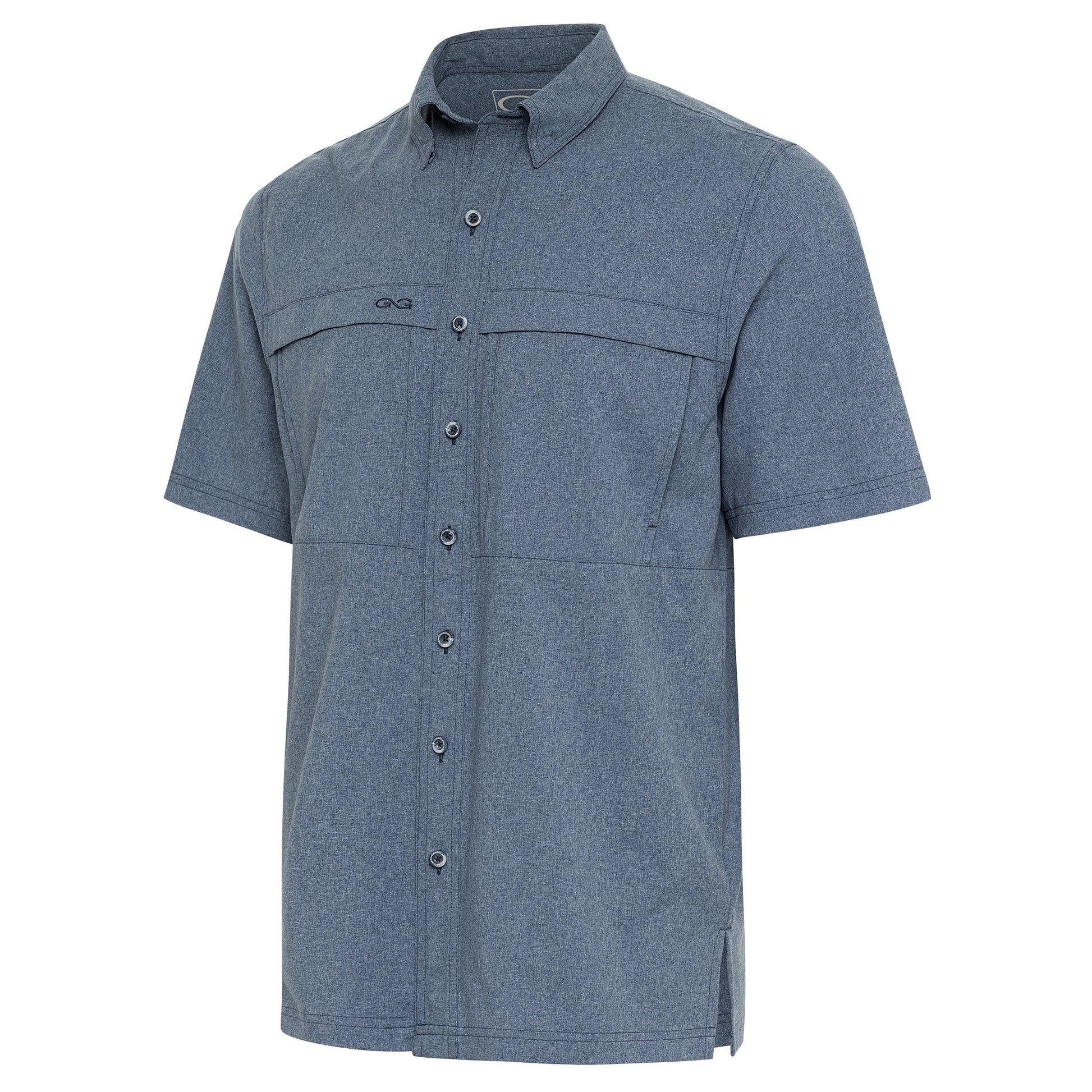Blue short-sleeve shirt with button details on a white background