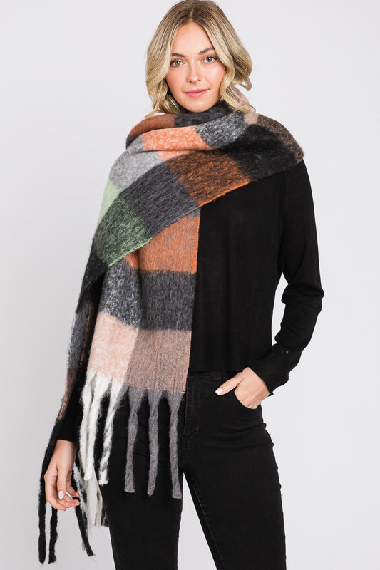Multi Color Plaid Oblong Fringe Scarf