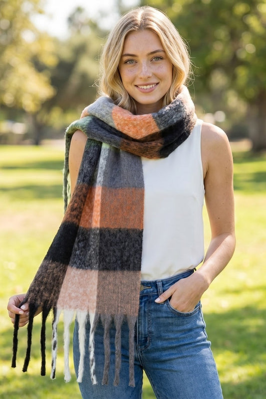 Multi Color Plaid Oblong Fringe Scarf