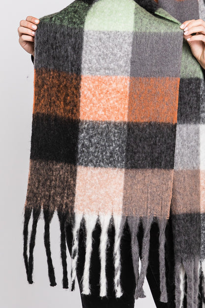 Multi Color Plaid Oblong Fringe Scarf