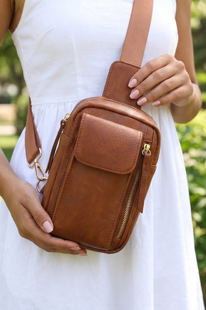 Vegan Leather Flap Pocket Sling Crossbody Bag