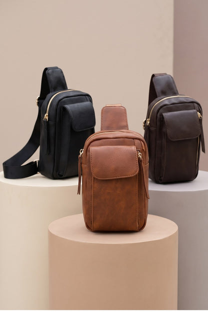 Vegan Leather Flap Pocket Sling Crossbody Bag