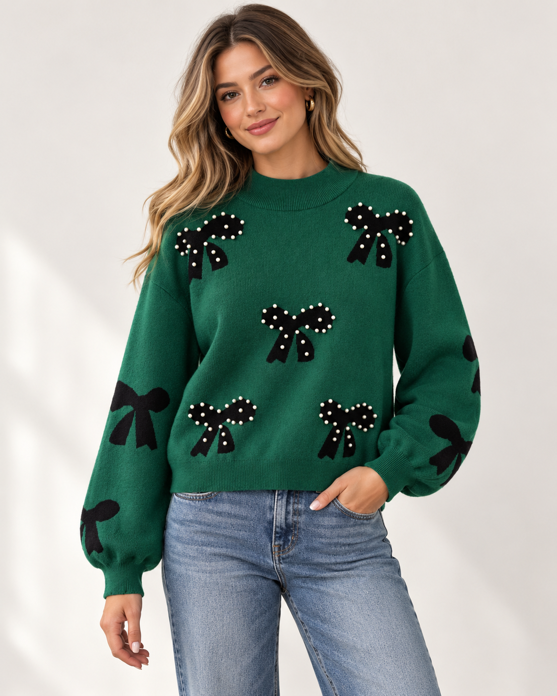 Green Pearl Embellished Bow Pattern Loose Sweater