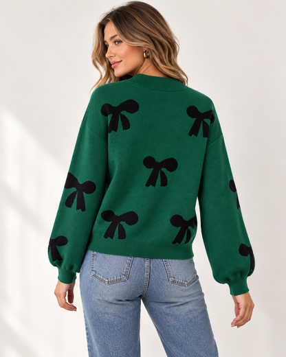 Green Pearl Embellished Bow Pattern Loose Sweater