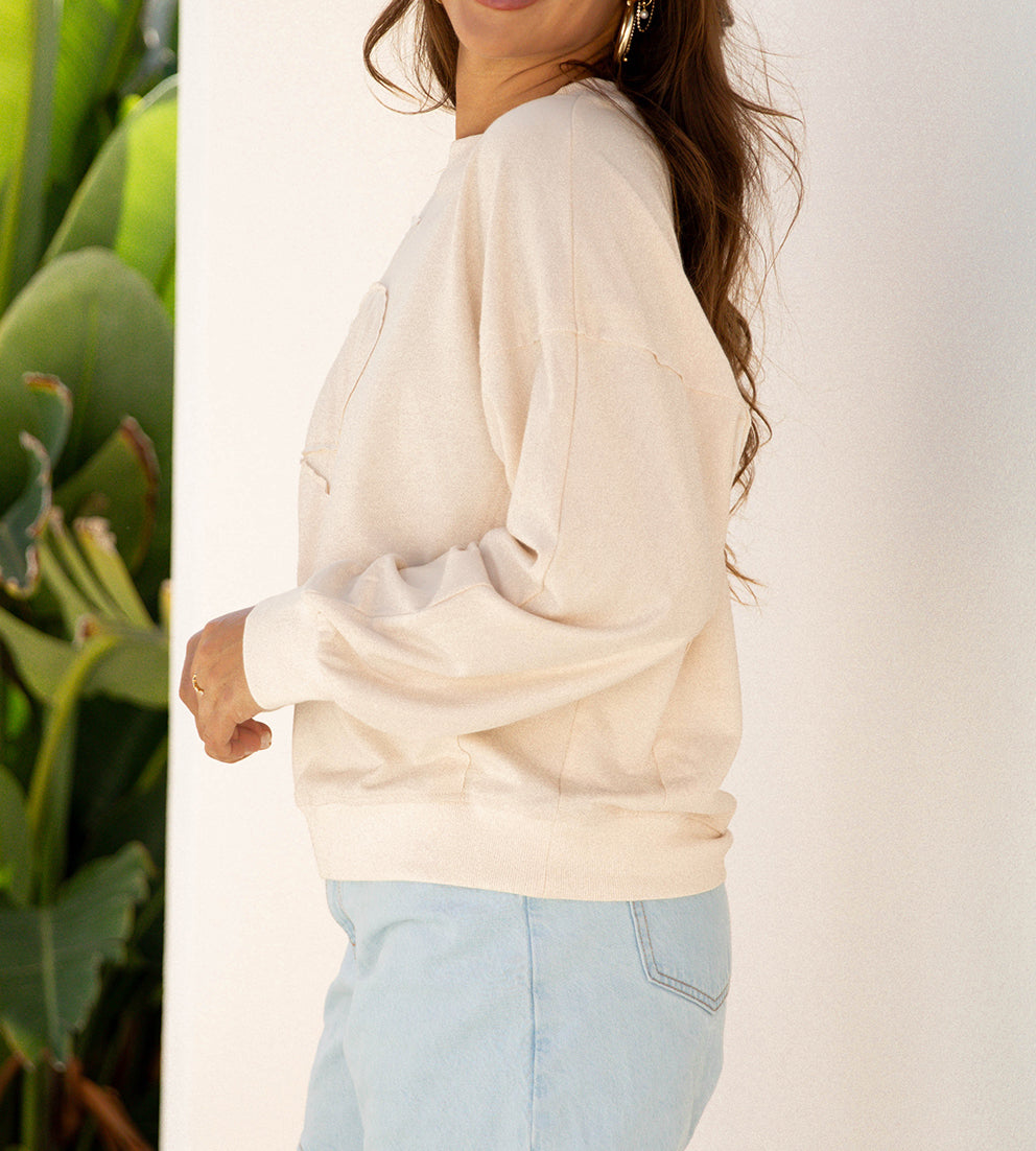 Beige Raw Edge Flower Patch Drop Shoulder Casual Top