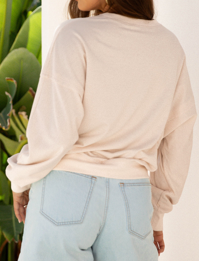 Beige Raw Edge Flower Patch Drop Shoulder Casual Top