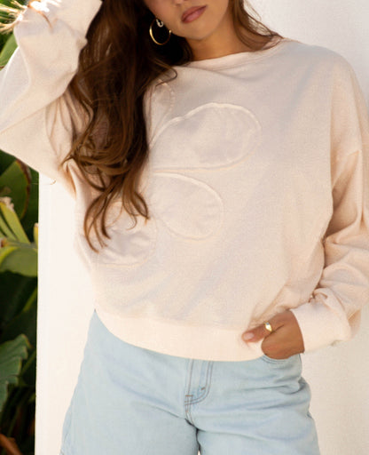 Beige Raw Edge Flower Patch Drop Shoulder Casual Top