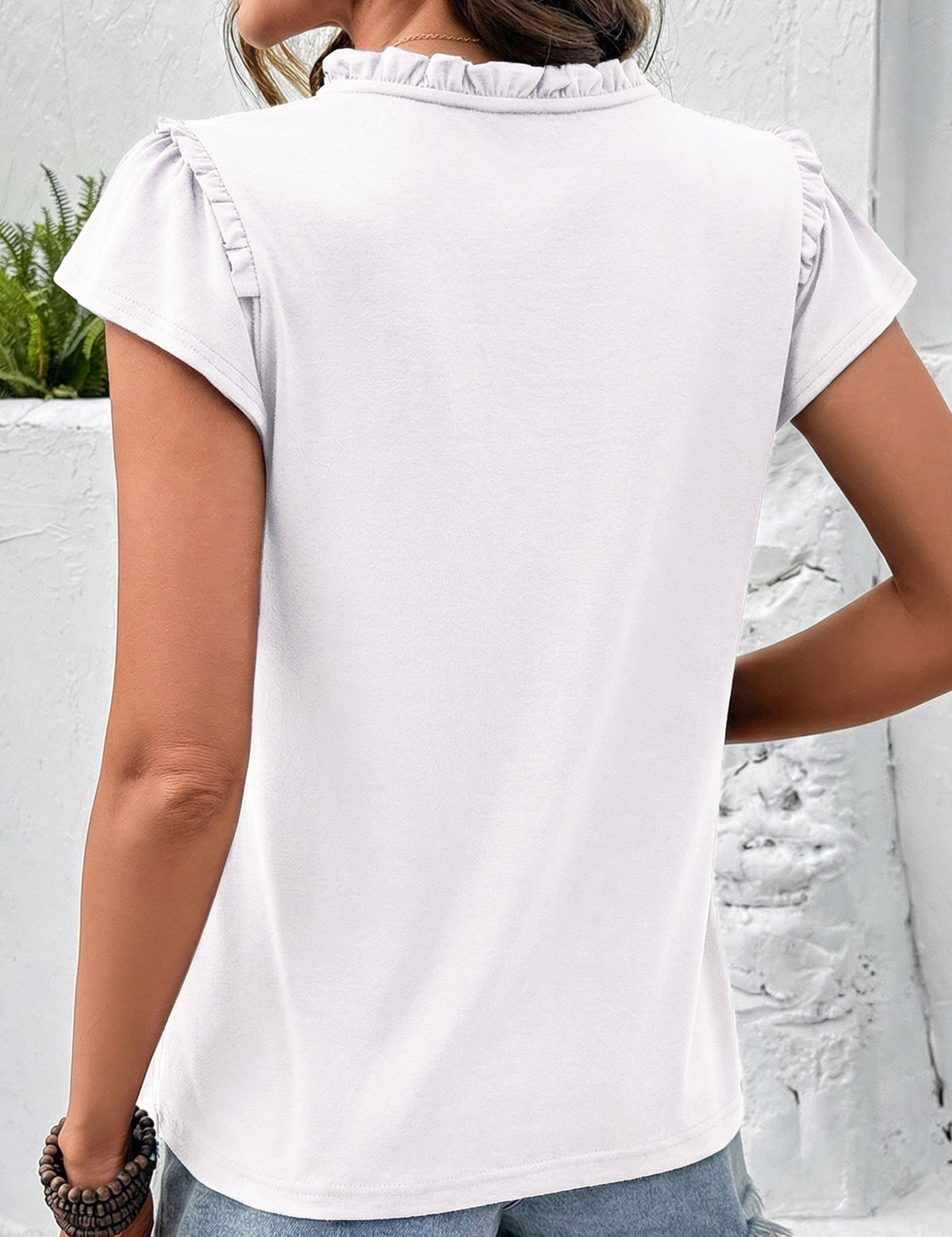 White Sheer Lace-Trim Split V-Neck Ruffle Blouse