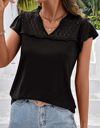 Black Sheer Lace-Trim Split V-Neck Ruffle Blouse