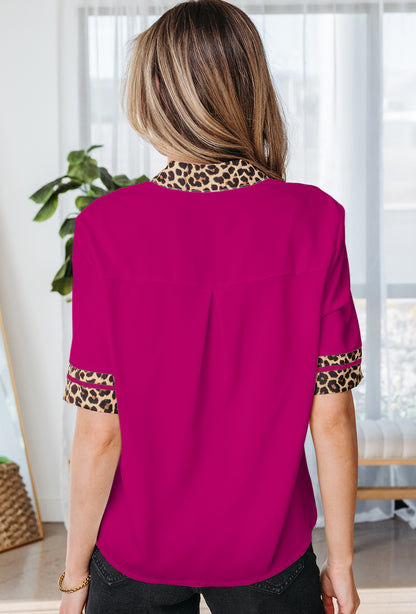 Violet Leopard Patchwork Trim Split Neck Short Sleeve Blouse