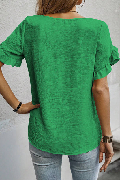 Sea Green Ruffle-Trim Short Sleeve Blouse