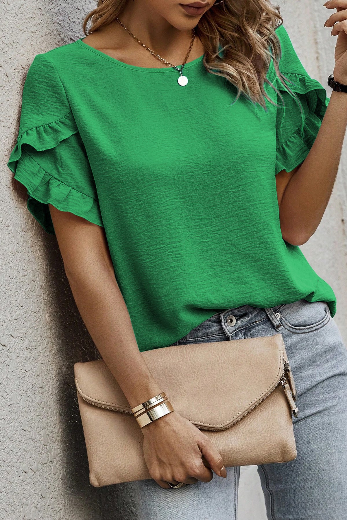 Sea Green Ruffle-Trim Short Sleeve Blouse