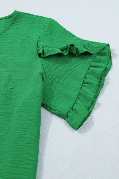 Sea Green Ruffle-Trim Short Sleeve Blouse