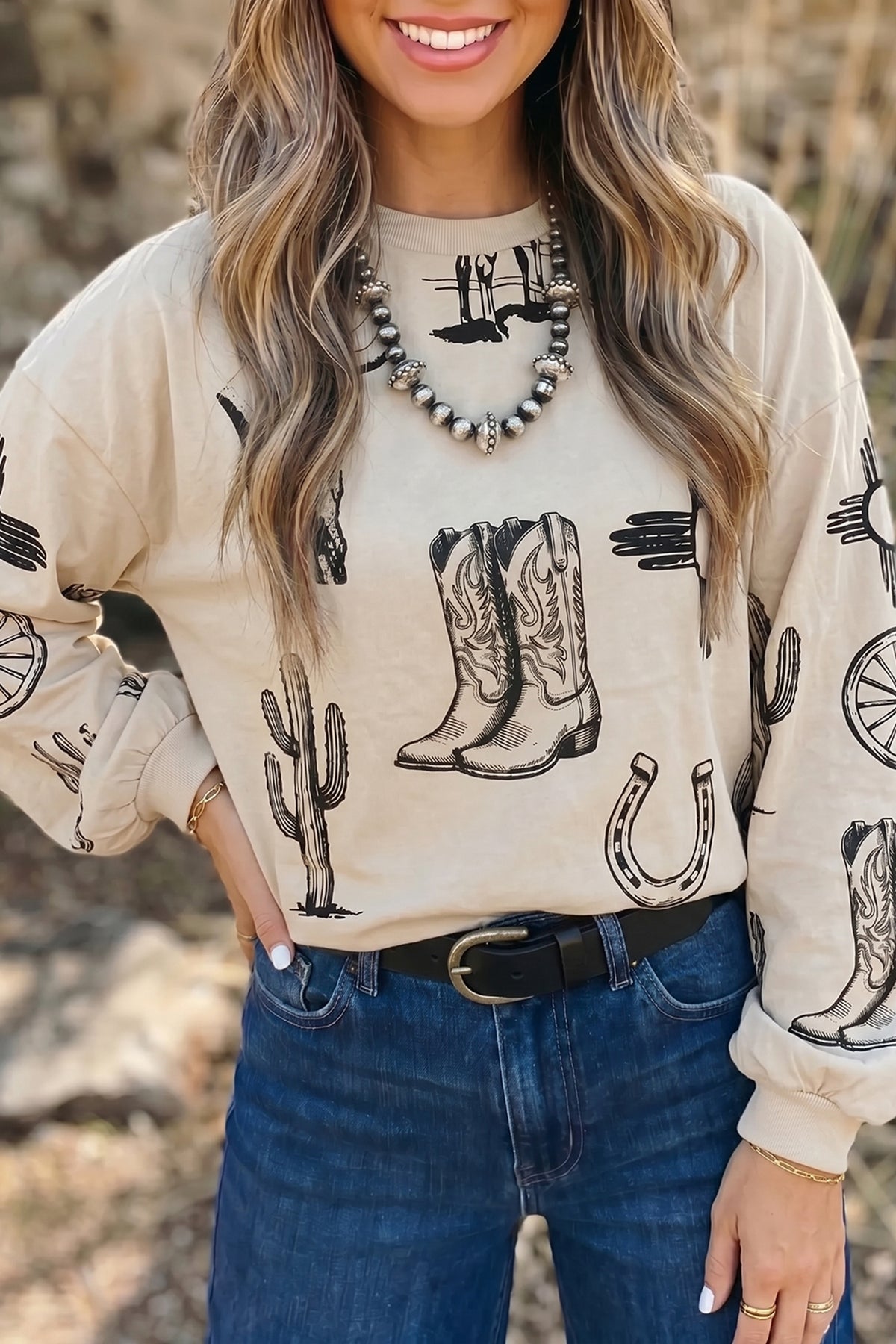 Western Print Long Sleeve Round Neck Loose Top
