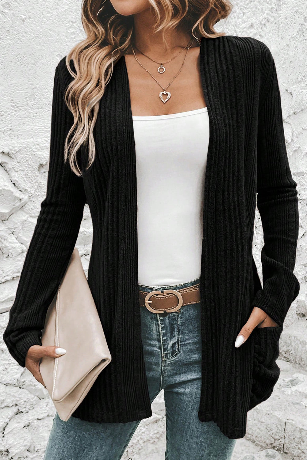 Black Ribbed Open Front Knitted Top with Pockets