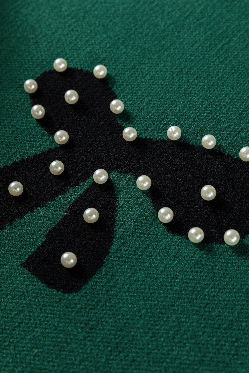 Green Pearl Embellished Bow Pattern Loose Sweater