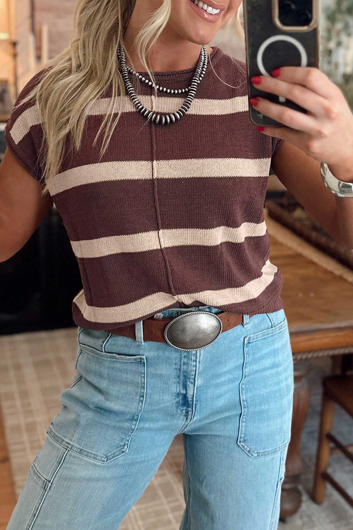 Brown Striped Knit Short Sleeve Sweater