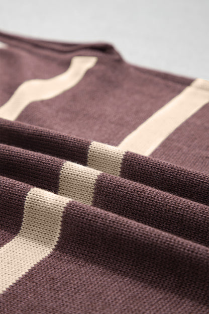 Brown Striped Knit Short Sleeve Sweater