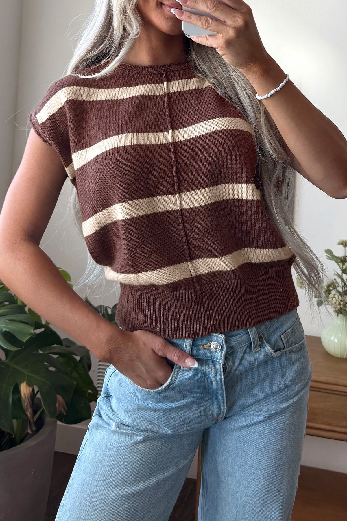 Brown Striped Knit Short Sleeve Sweater