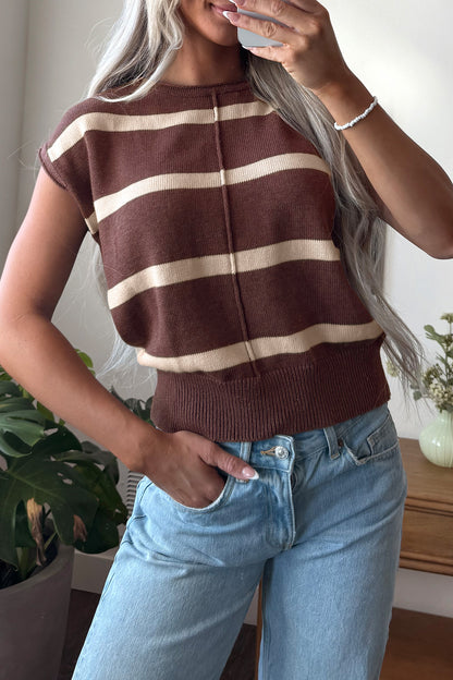 Brown Striped Knit Short Sleeve Sweater