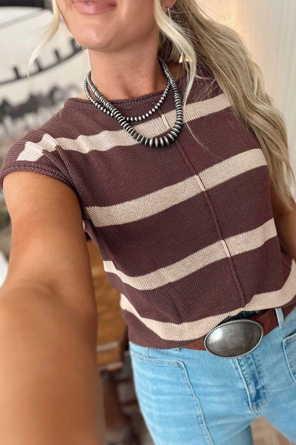 Brown Striped Knit Short Sleeve Sweater