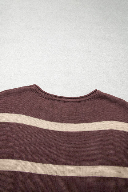 Brown Striped Knit Short Sleeve Sweater