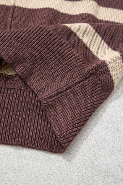 Brown Striped Knit Short Sleeve Sweater