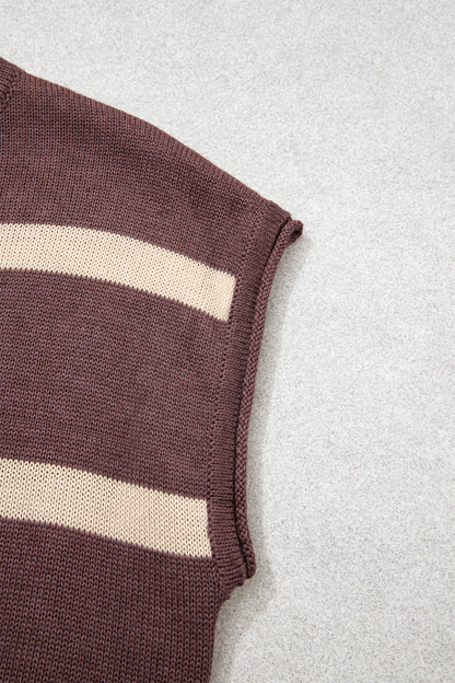 Brown Striped Knit Short Sleeve Sweater