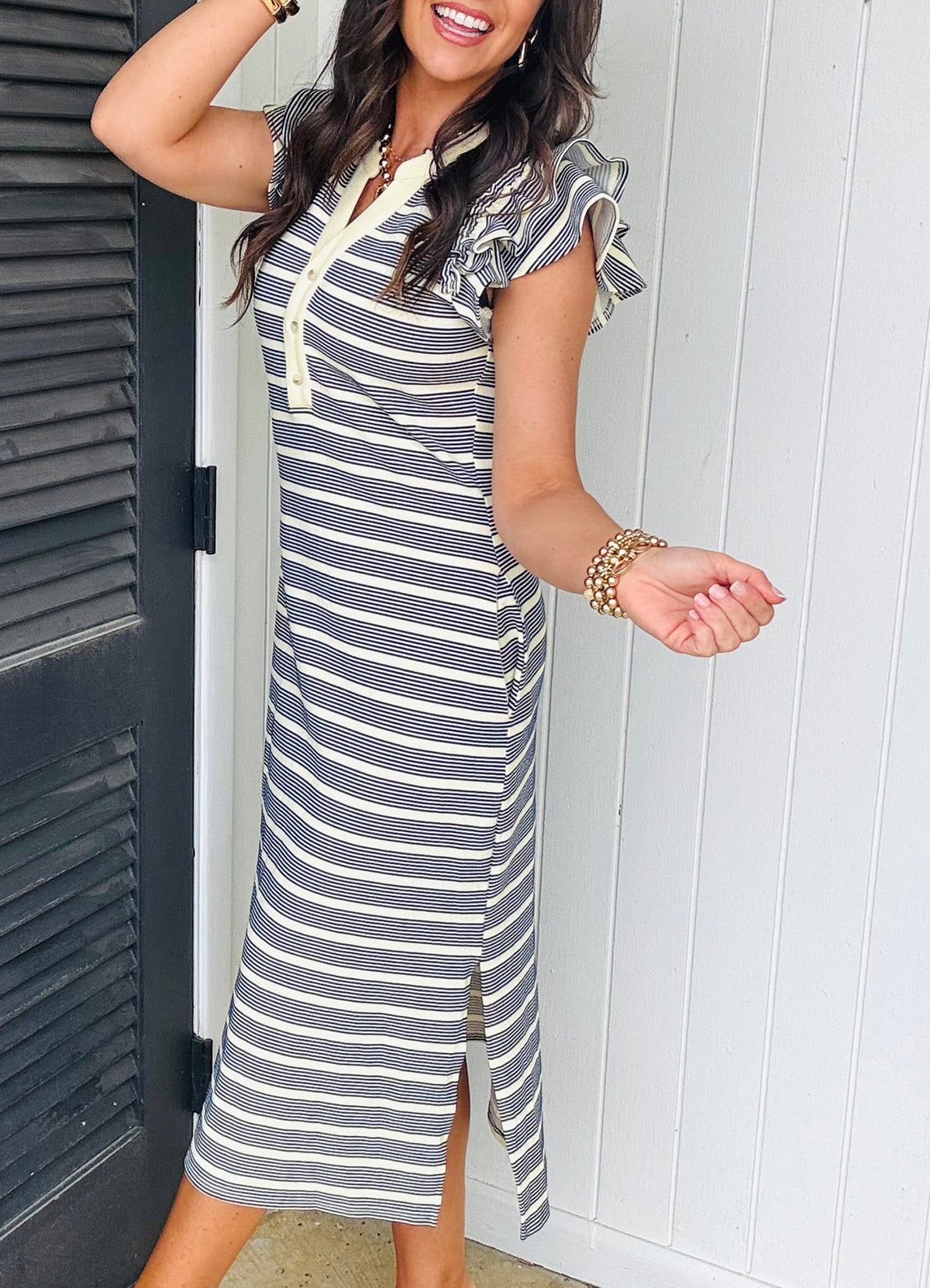 Blue Striped Ruffle-Sleeve Contrast-Trim Midi Dress