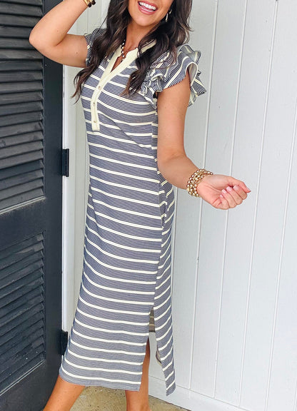 Blue Striped Ruffle-Sleeve Contrast-Trim Midi Dress