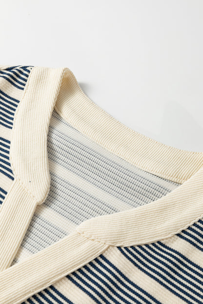 Blue Striped Ruffle-Sleeve Contrast-Trim Midi Dress