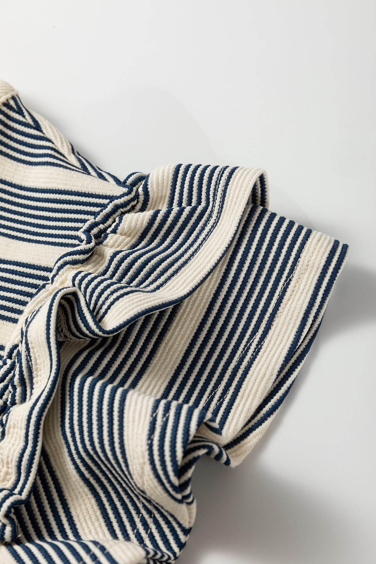 Blue Striped Ruffle-Sleeve Contrast-Trim Midi Dress