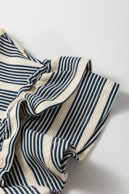 Blue Striped Ruffle-Sleeve Contrast-Trim Midi Dress