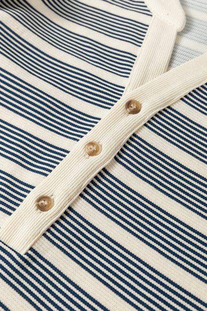 Blue Striped Ruffle-Sleeve Contrast-Trim Midi Dress