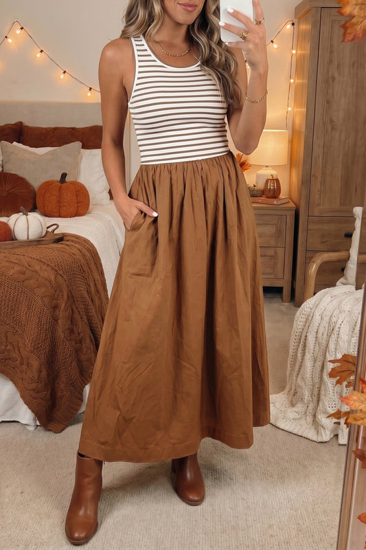 Chestnut Striped Colorblock Sleeveless Long Dress
