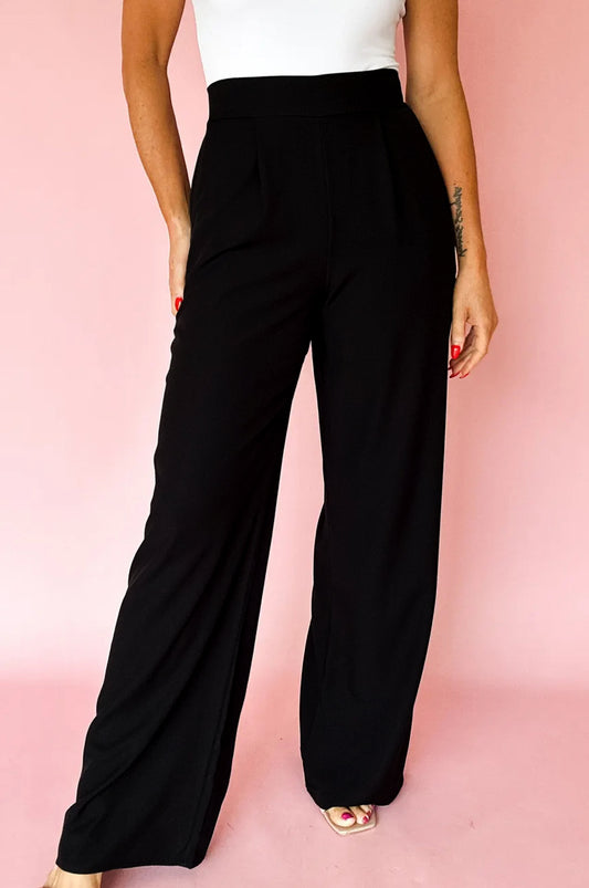 Black Pleated High-Waist Pull-On Straight-Leg Pants