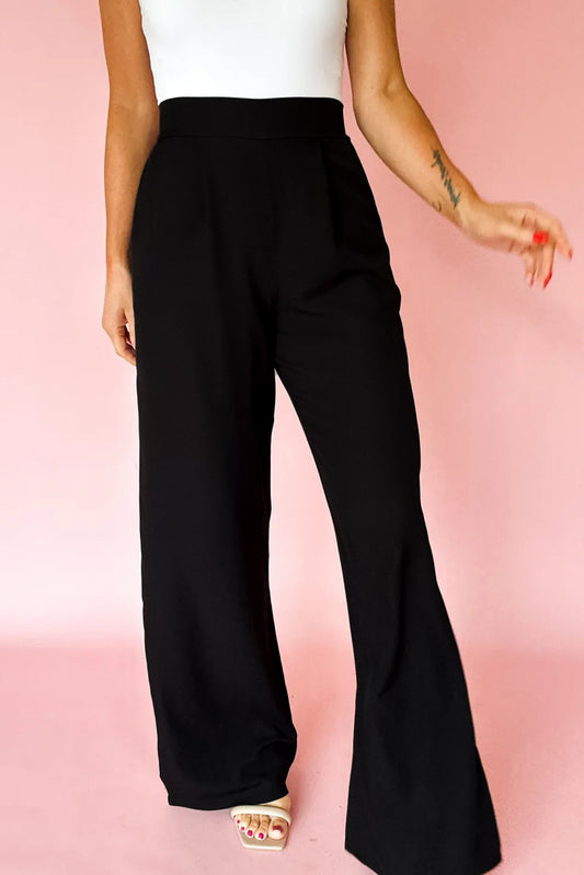 Black Pleated High-Waist Pull-On Straight-Leg Pants