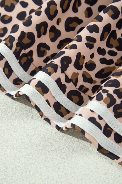 Beige Leopard Print Side-Stripe Wide Leg Pants