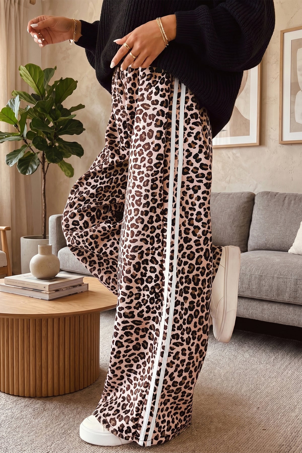 Beige Leopard Print Side-Stripe Wide Leg Pants