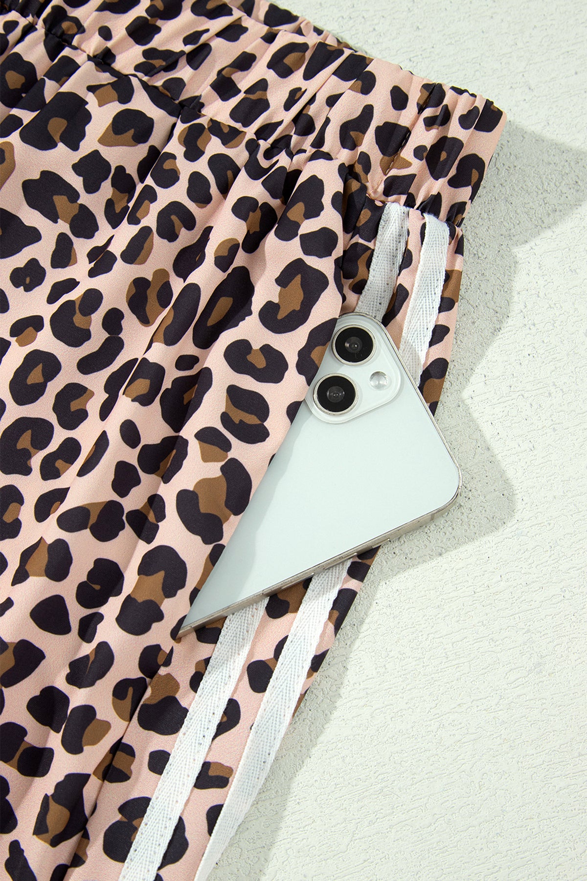 Beige Leopard Print Side-Stripe Wide Leg Pants