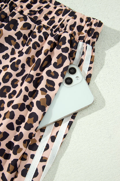 Beige Leopard Print Side-Stripe Wide Leg Pants