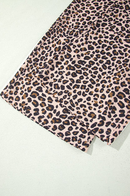 Beige Leopard Print Side-Stripe Wide Leg Pants