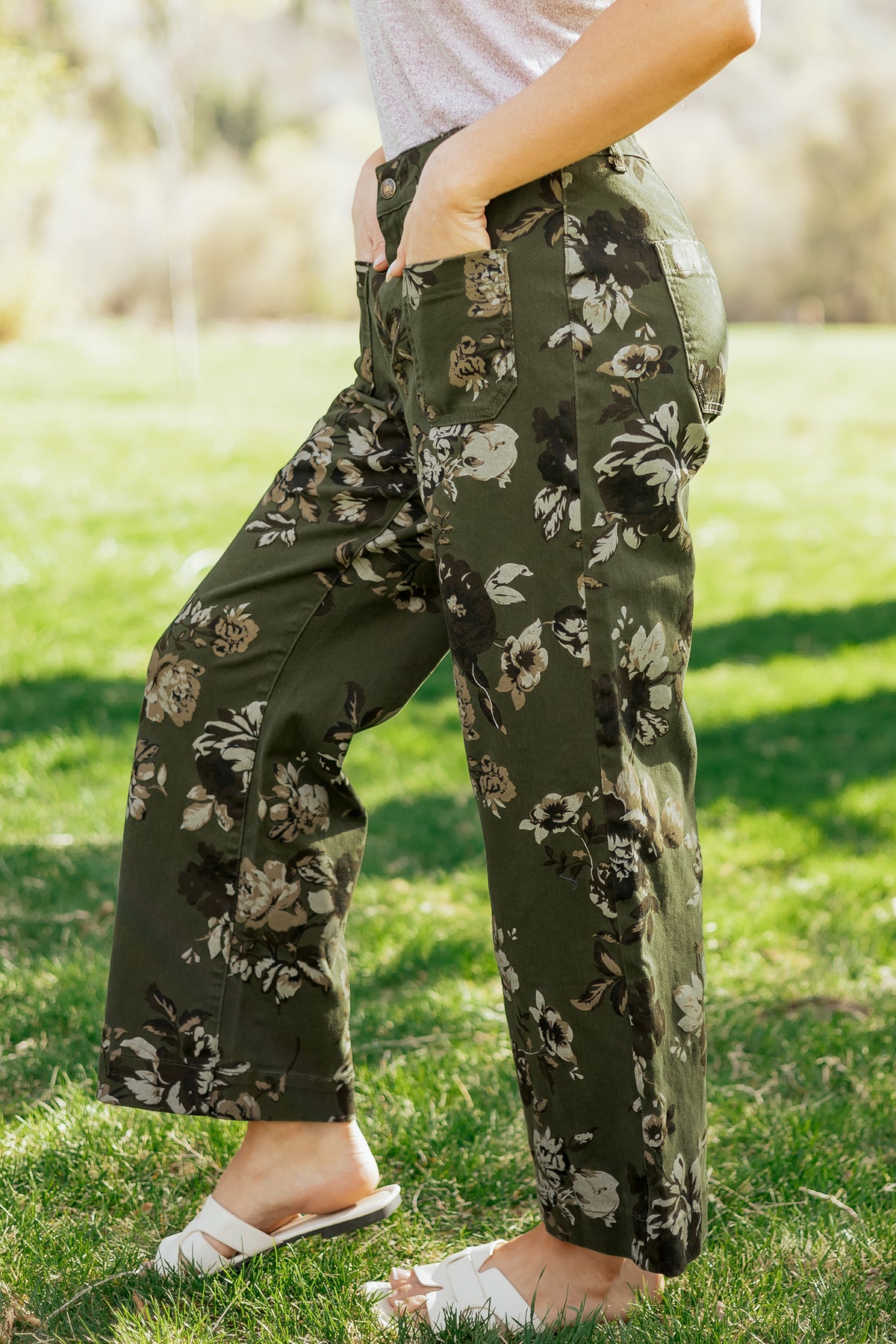 Green Vintage Floral Mid-Rise Raw Hem Jeans