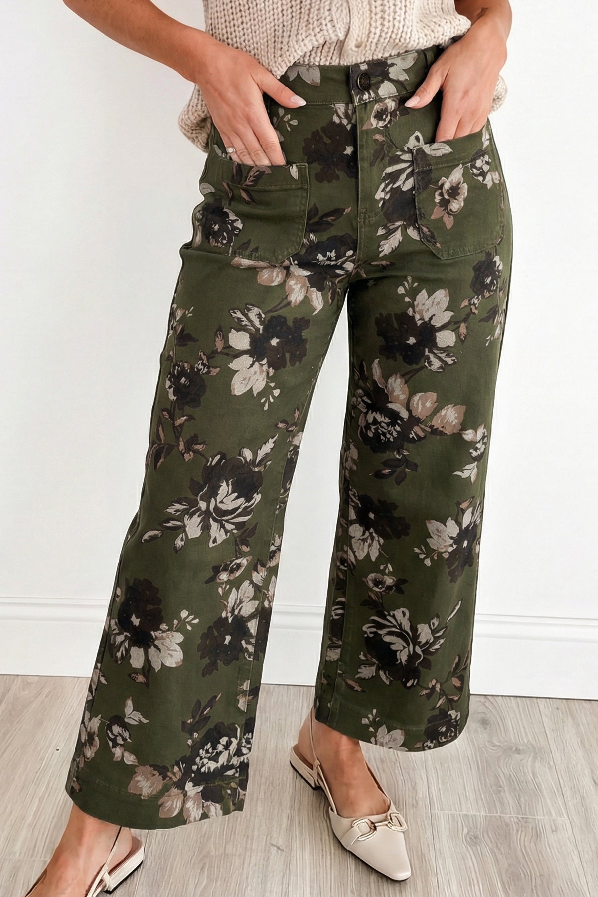 Green Vintage Floral Mid-Rise Raw Hem Jeans